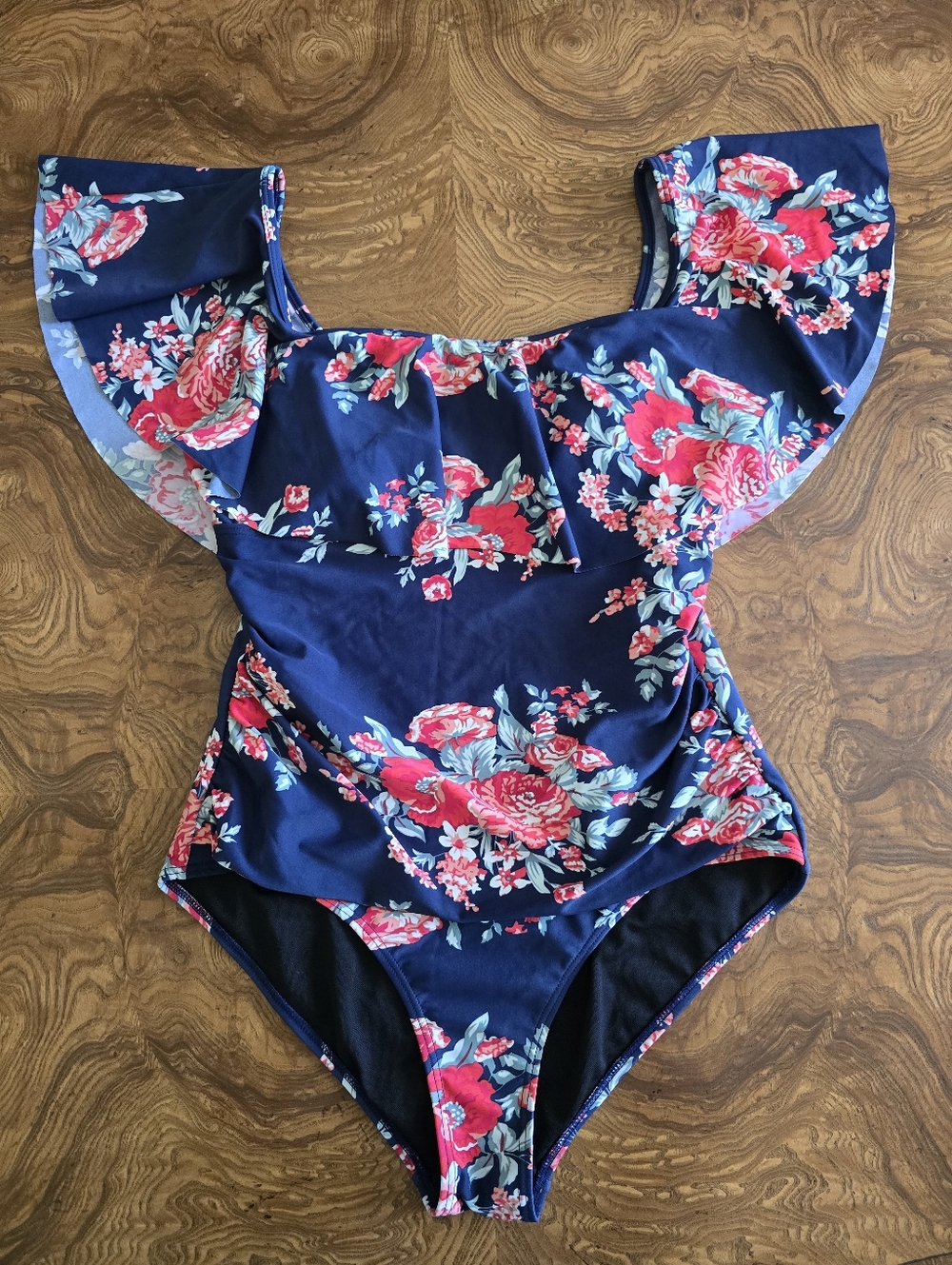 Cocoship Navy Blue Floral Ruffle Off-The-Shoulder One Piece Swimsuit, Womens 10
